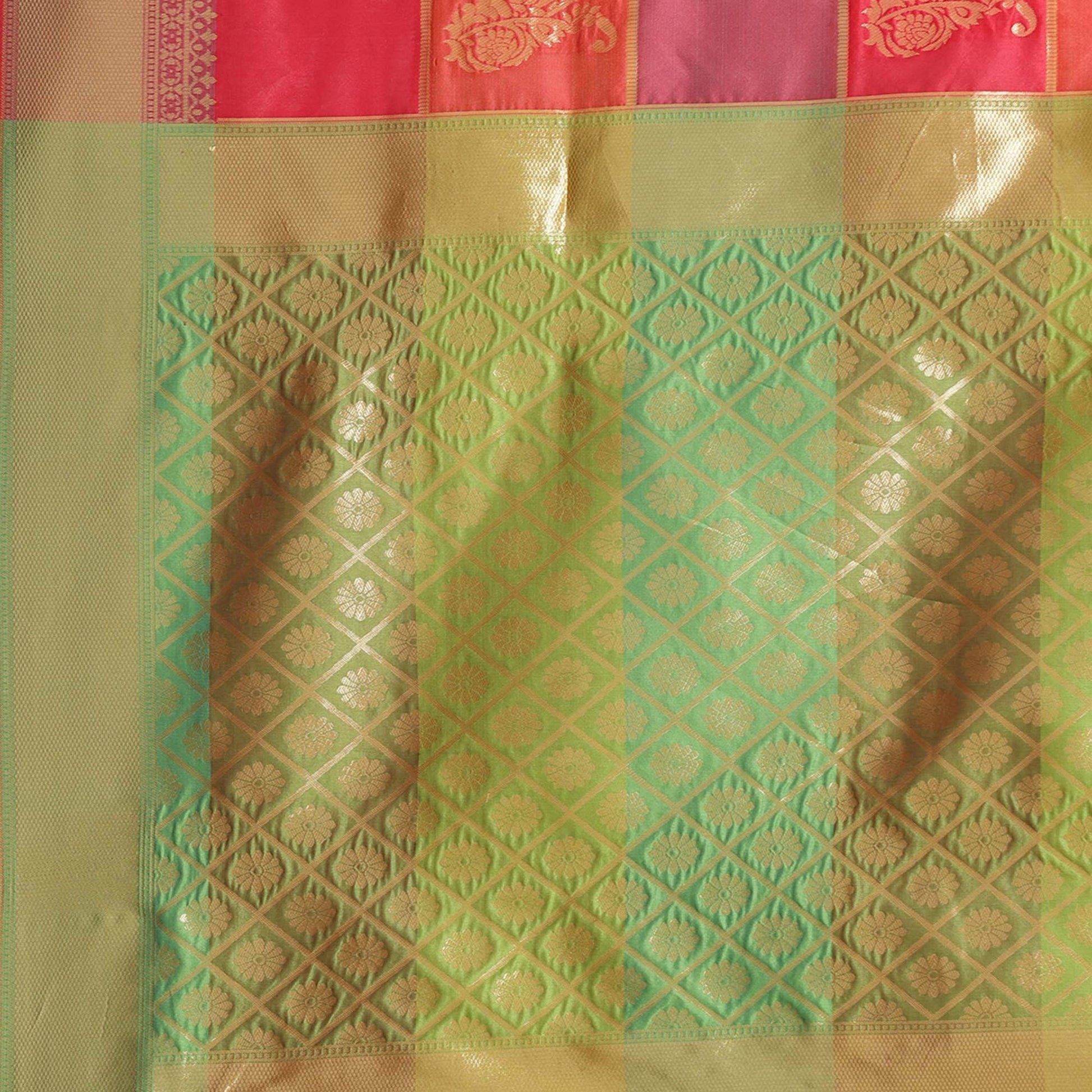 Fantastic Green-Pink Colored Festive Wear Woven Silk Blend Saree
