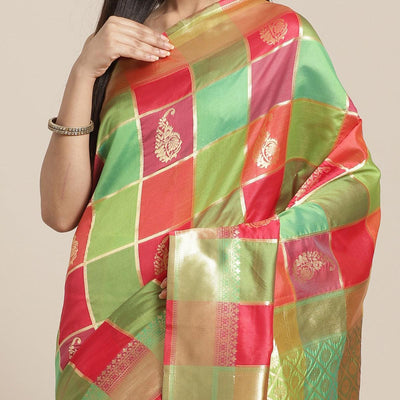 Fantastic Green-Pink Colored Festive Wear Woven Silk Blend Saree