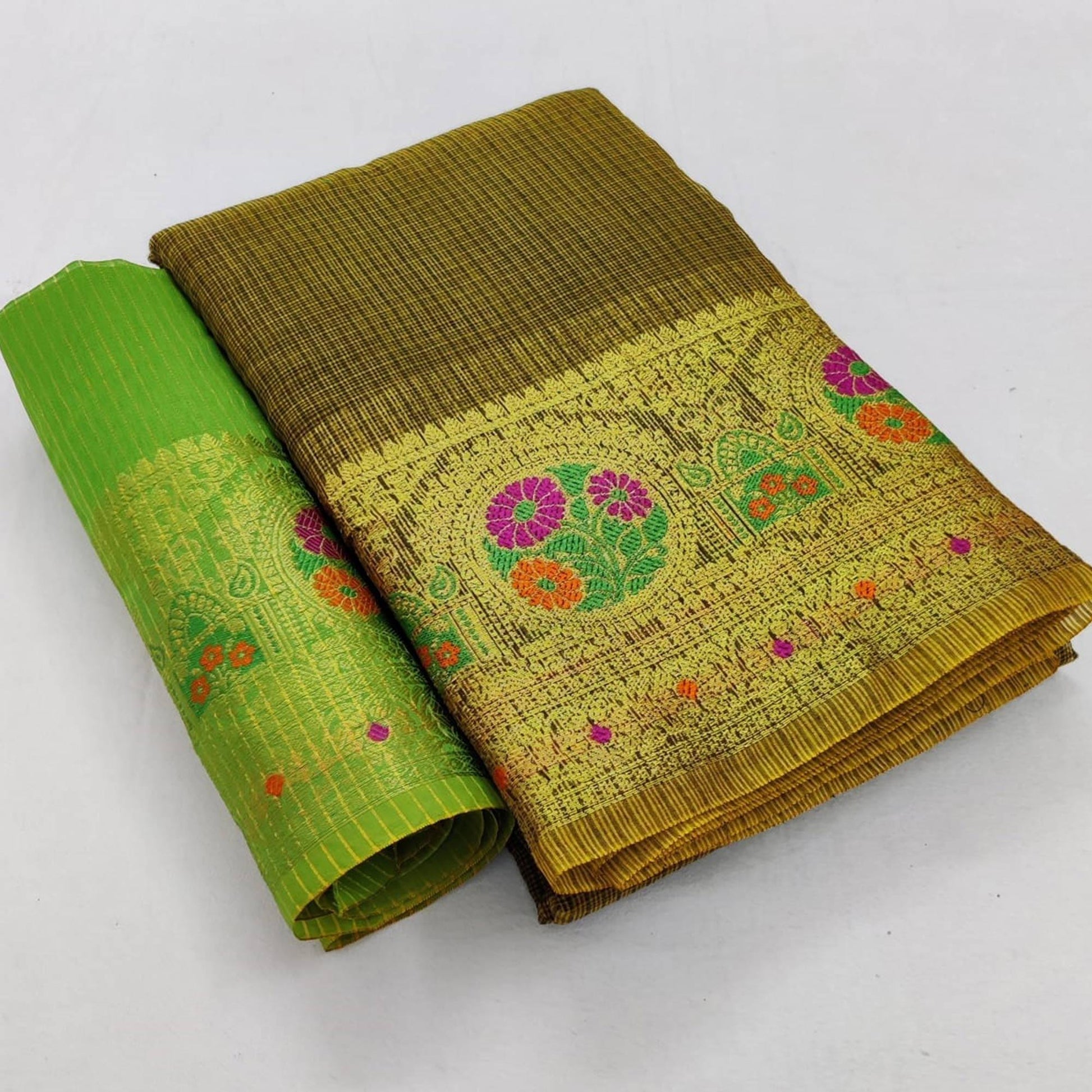 Fantastic Greenish Black Colored Festive Wear Woven Heavy Cotton Saree