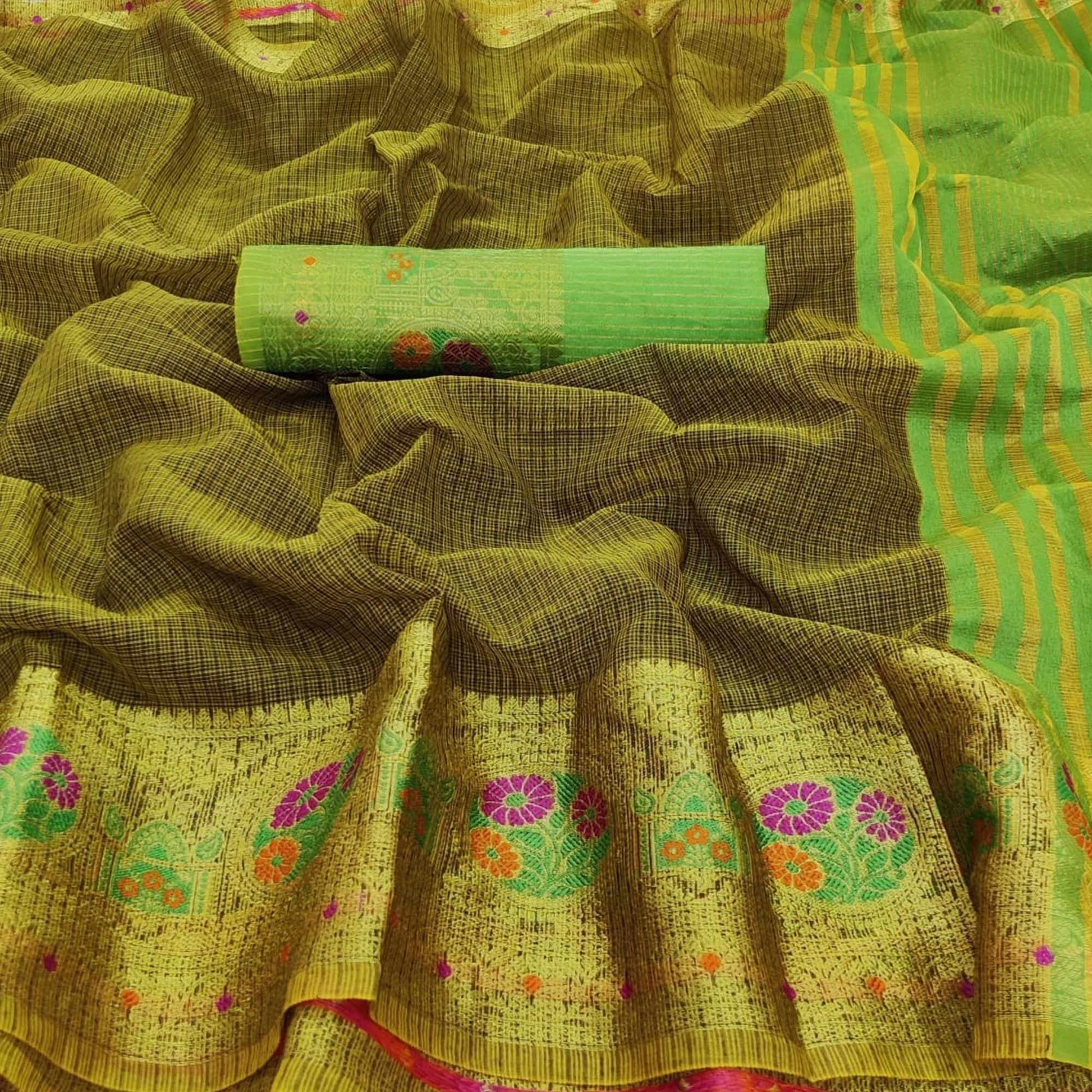 Fantastic Greenish Black Colored Festive Wear Woven Heavy Cotton Saree
