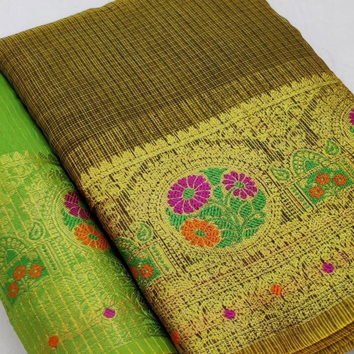 Fantastic Greenish Black Colored Festive Wear Woven Heavy Cotton Saree