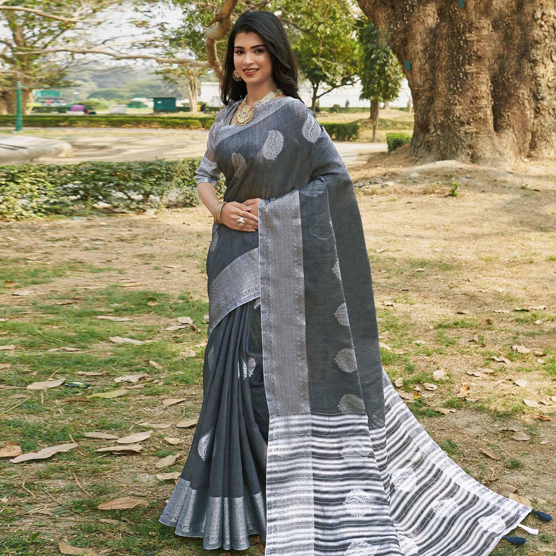 Fantastic Grey Colored Festive Wear Woven Linen Cotton Saree
