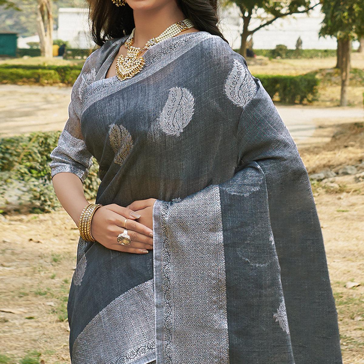 Fantastic Grey Colored Festive Wear Woven Linen Cotton Saree