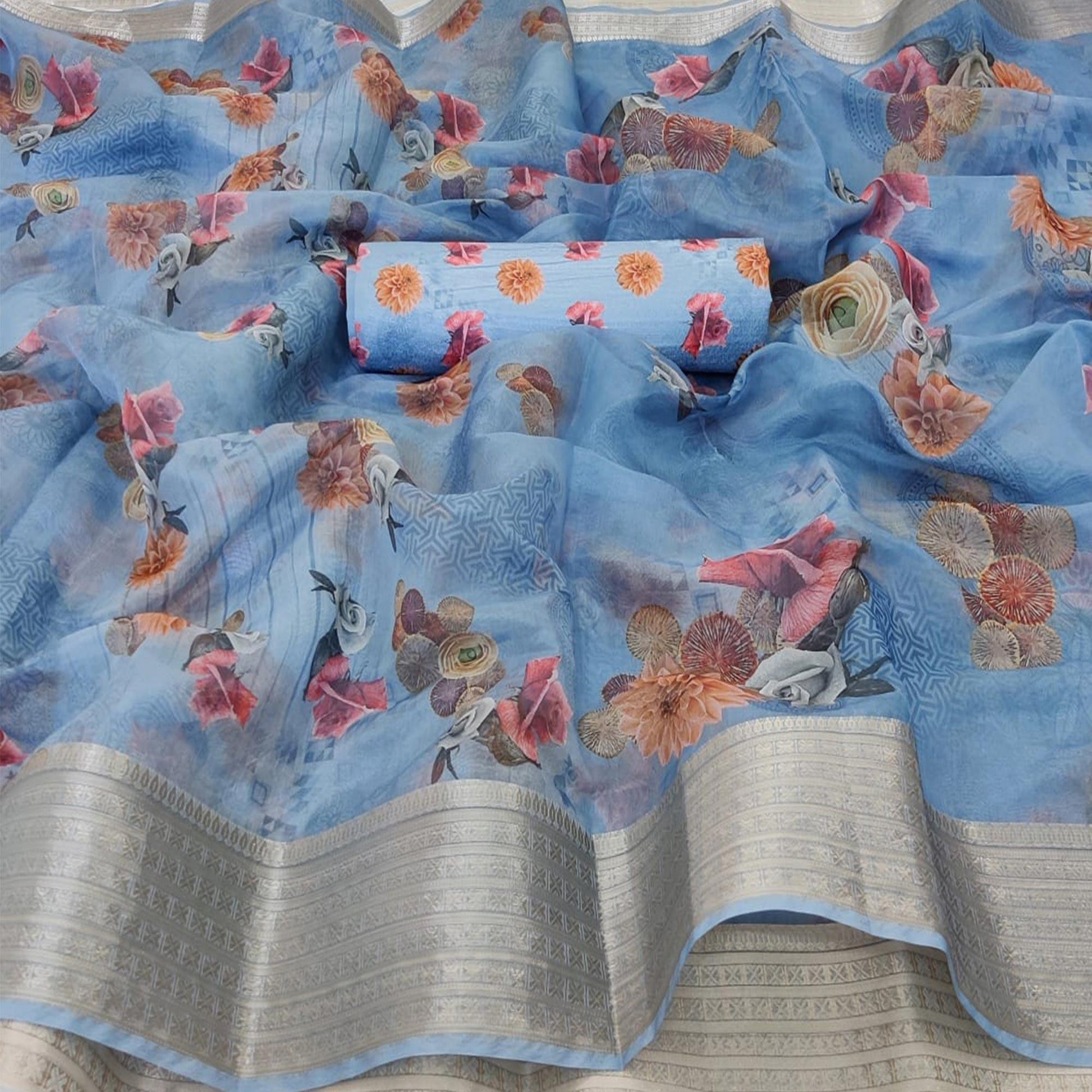 Fantastic Light Blue Colored Partywear Digital Printed Georgette Saree