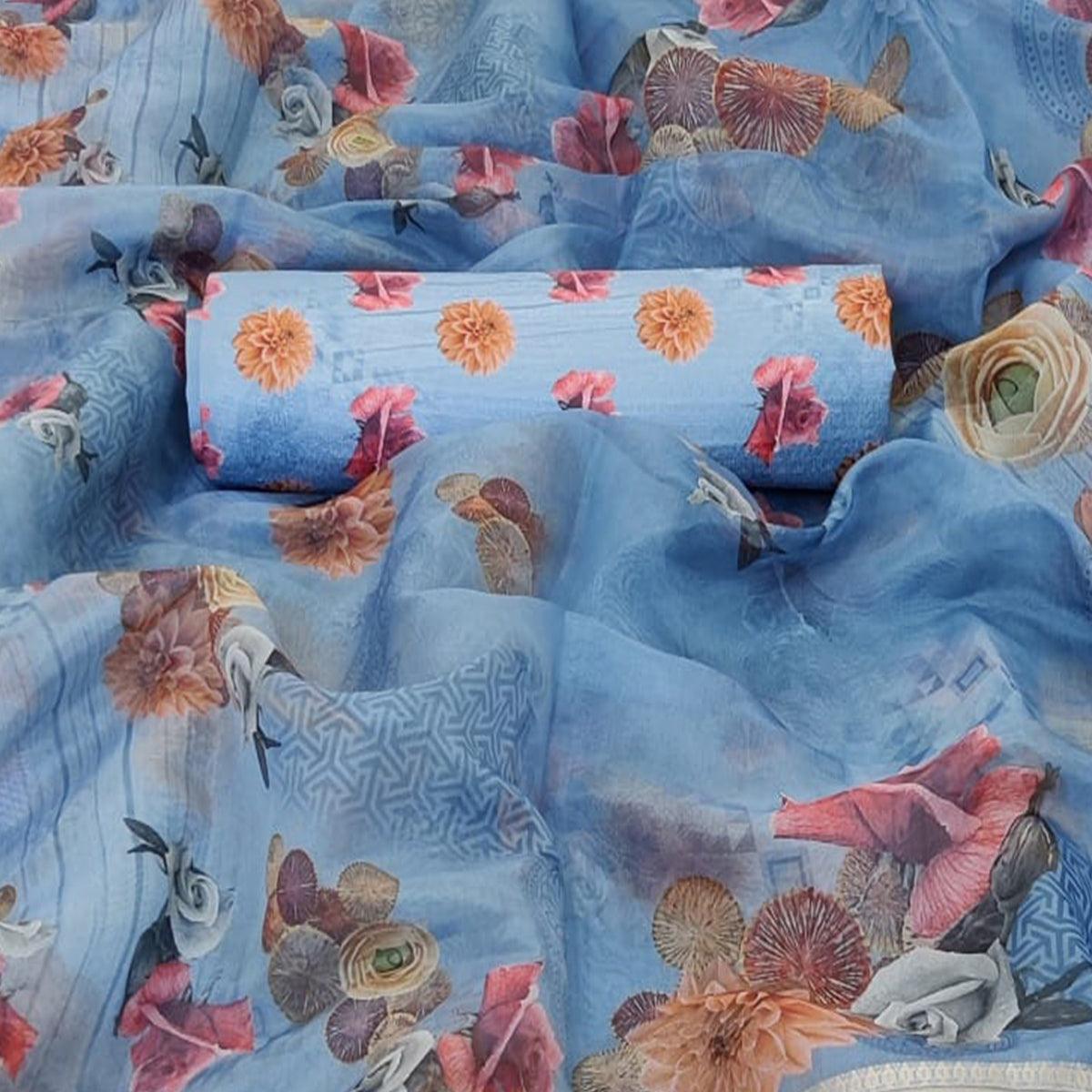 Fantastic Light Blue Colored Partywear Digital Printed Georgette Saree