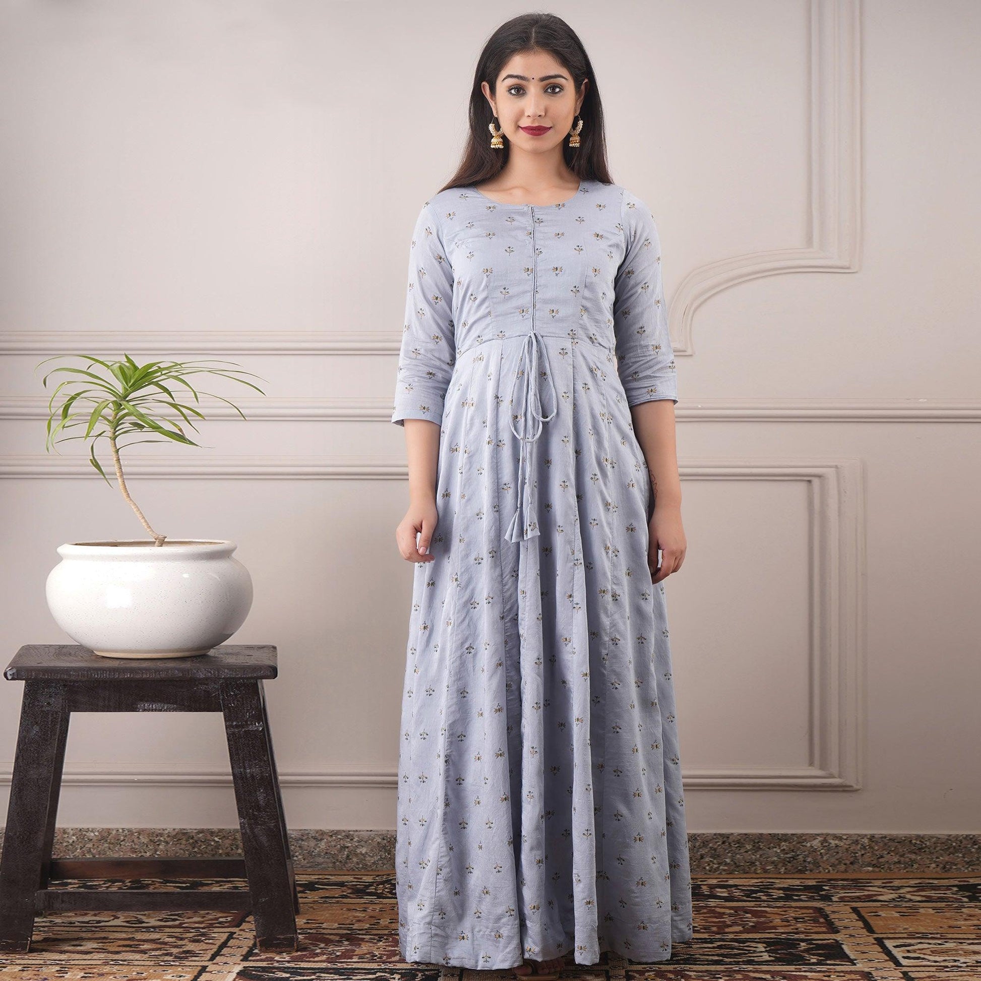 Fantastic Light Grey Colored Casual Foil Printed Pure Chanderi Gown