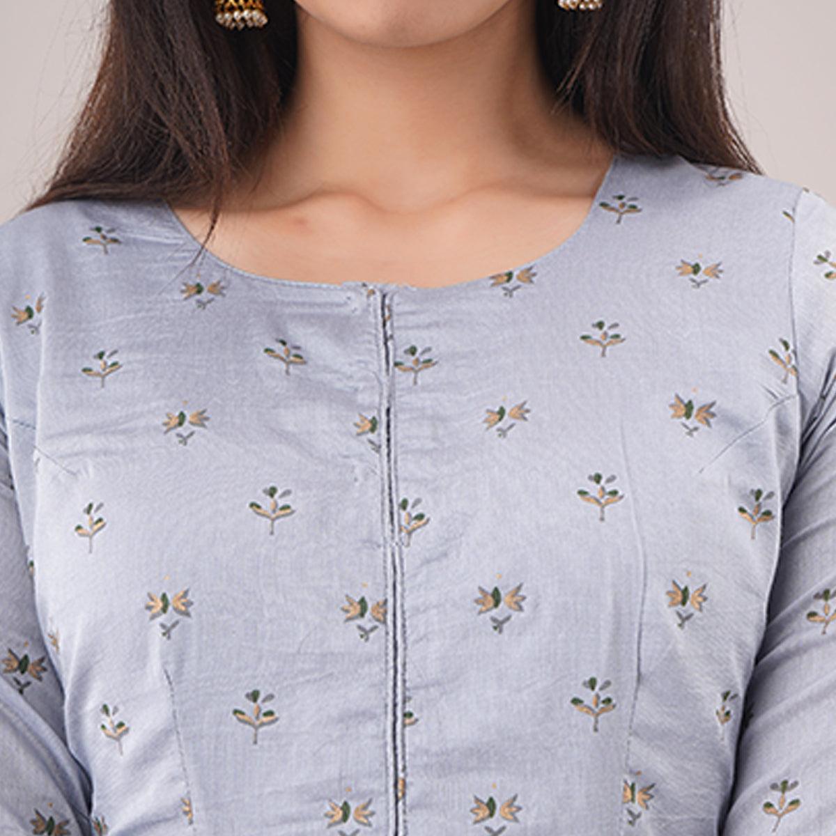 Fantastic Light Grey Colored Casual Foil Printed Pure Chanderi Gown