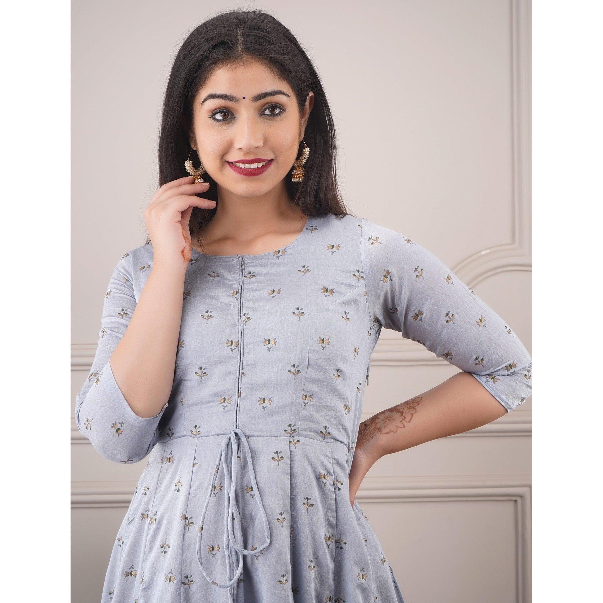 Fantastic Light Grey Colored Casual Foil Printed Pure Chanderi Gown