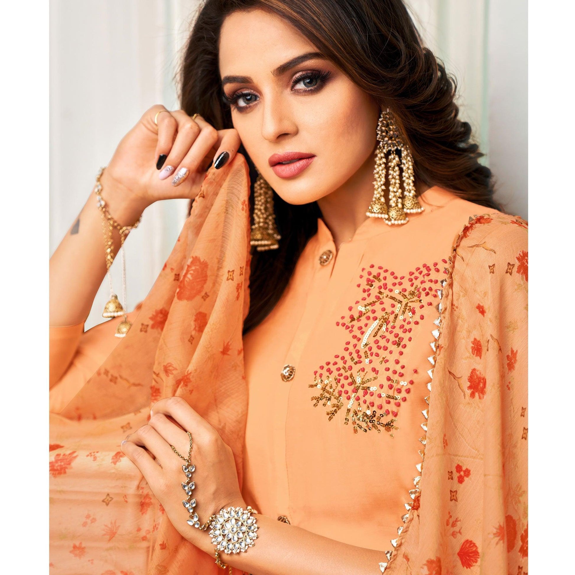 Fantastic Light Orange Colored Casual Wear Embroidered Chanderi Dress Material