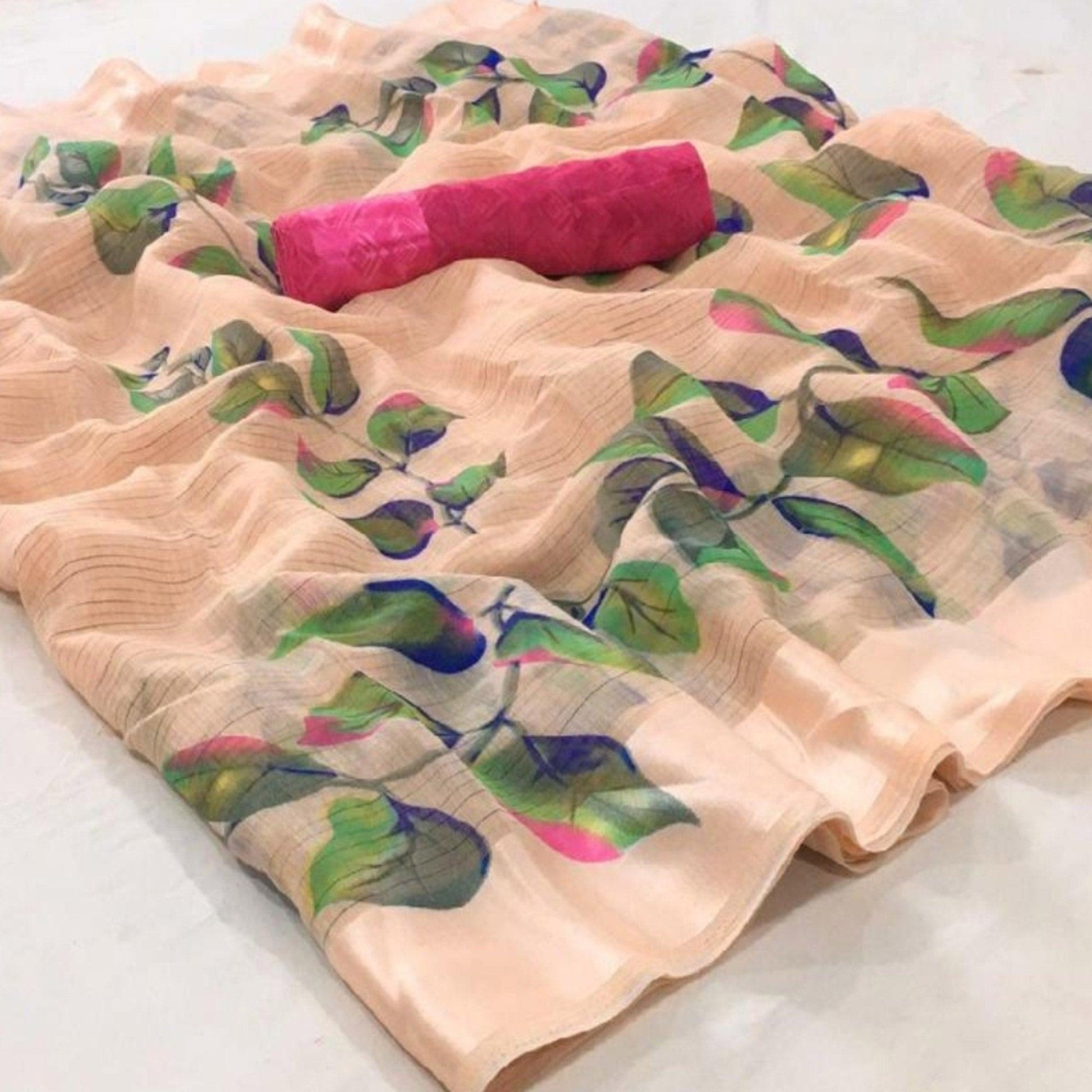 Fantastic Light Peach Colored Casual Wear Floral Printed Linen Saree