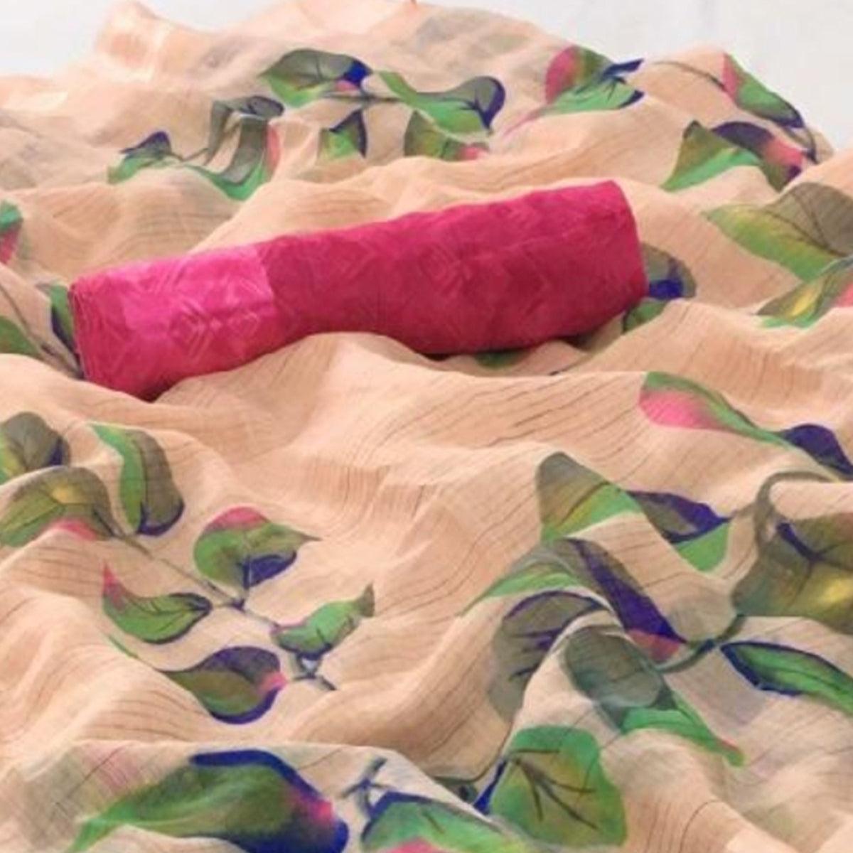 Fantastic Light Peach Colored Casual Wear Floral Printed Linen Saree