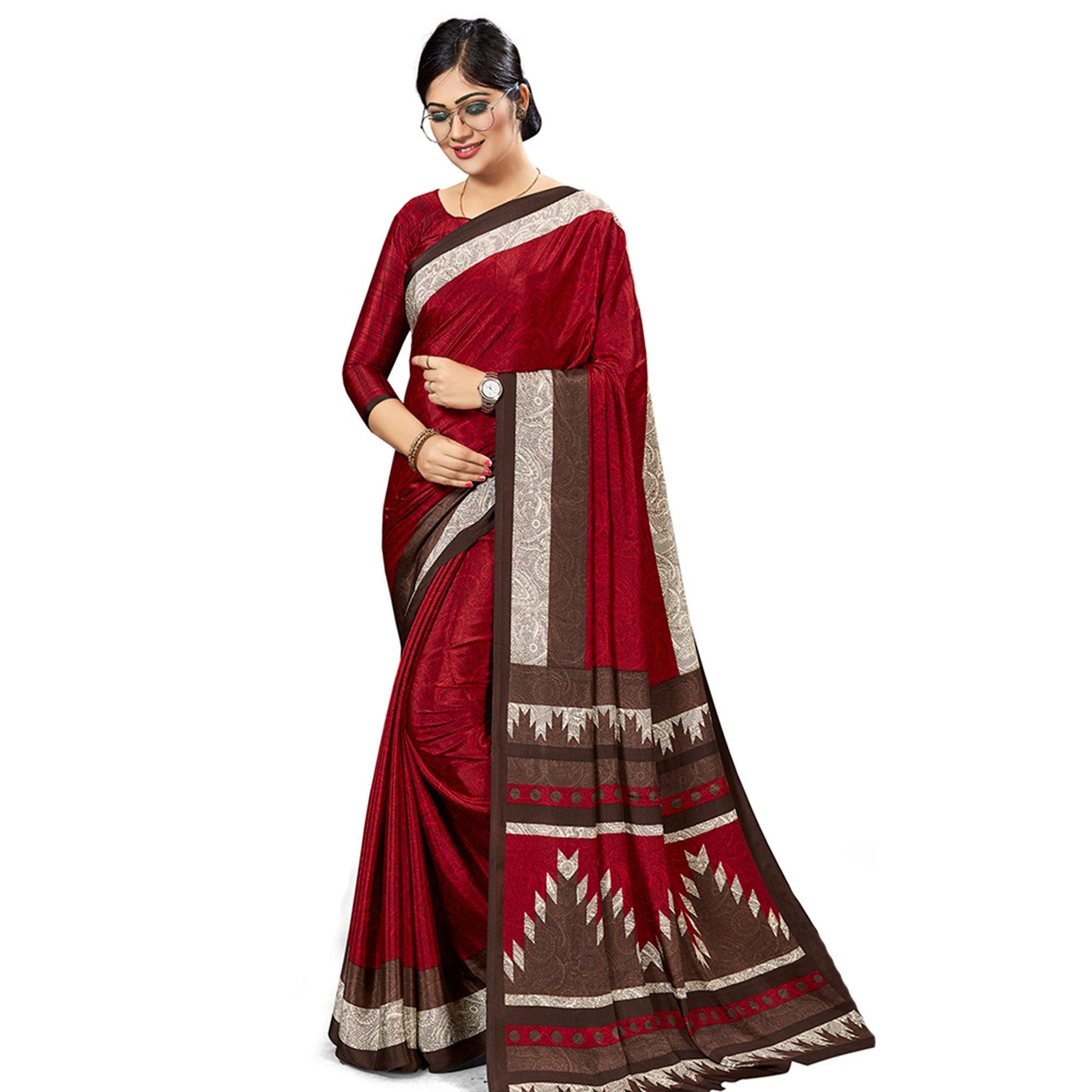 Fantastic Maroon Colored Casual Wear Printed Crepe Saree