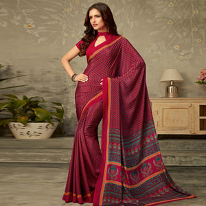 Fantastic Maroon Colored Partywear Printed Crepe Saree