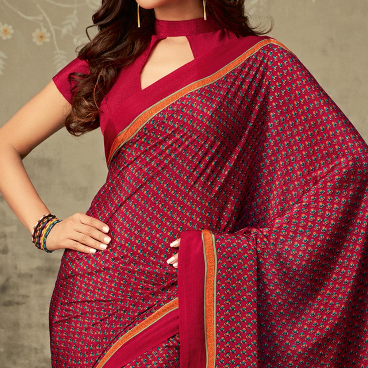 Fantastic Maroon Colored Partywear Printed Crepe Saree