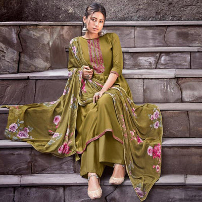 Fantastic Mehendi Green Colored Partywear Printed Viscose Muslin Suit