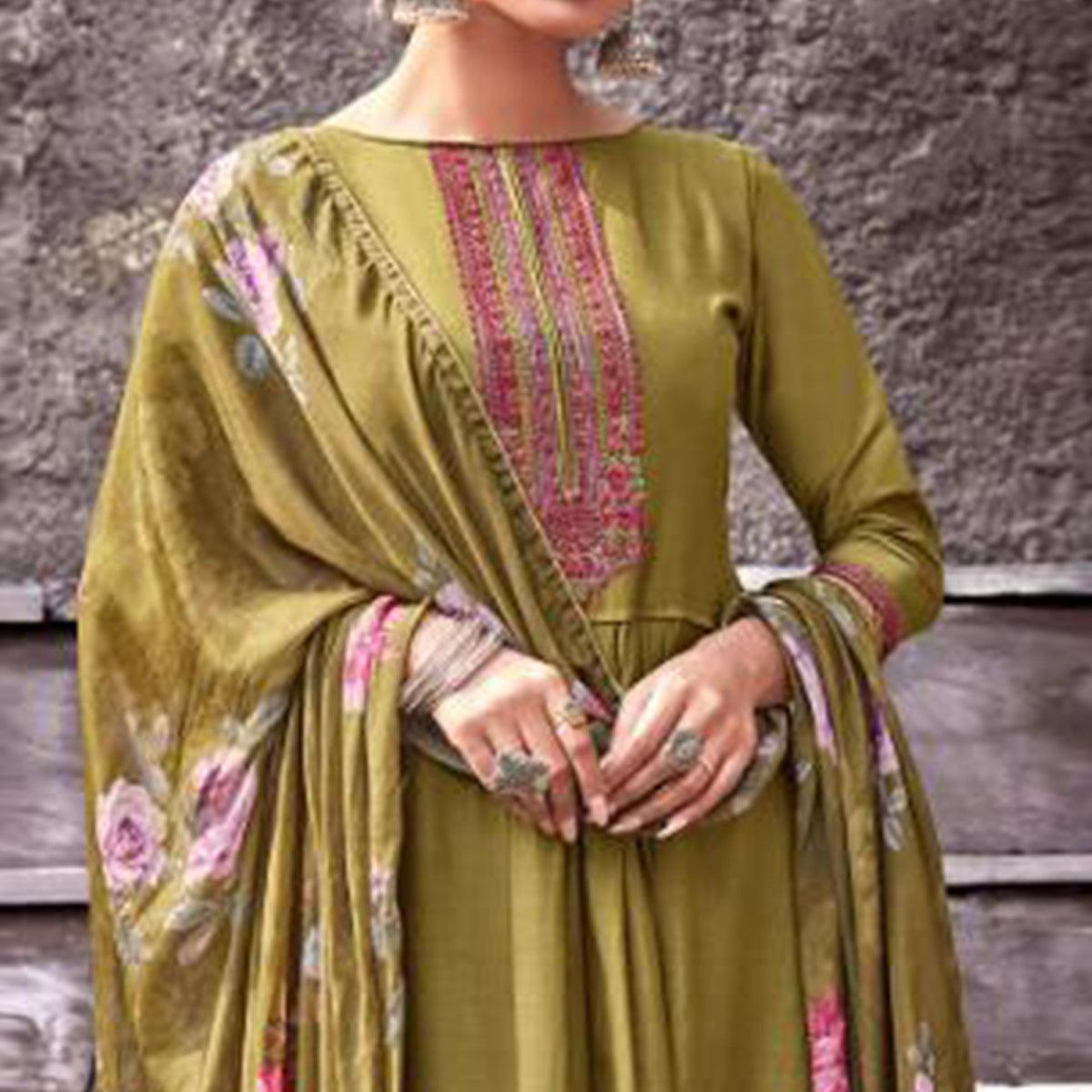 Fantastic Mehendi Green Colored Partywear Printed Viscose Muslin Suit