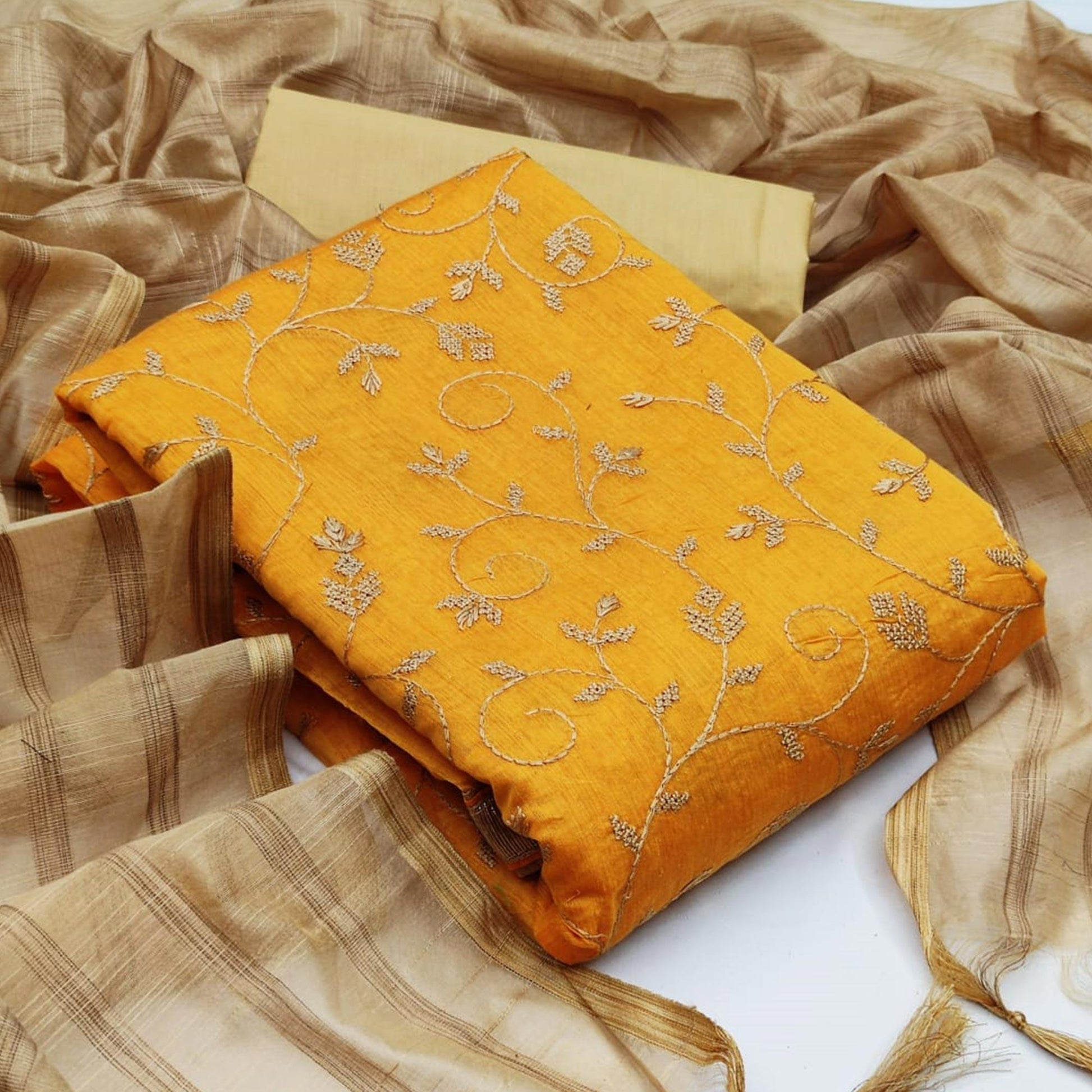 Fantastic Mustard Yellow Colored Casual Wear Embroidered Chanderi Dress Material