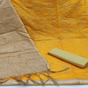 Fantastic Mustard Yellow Colored Casual Wear Embroidered Chanderi Dress Material