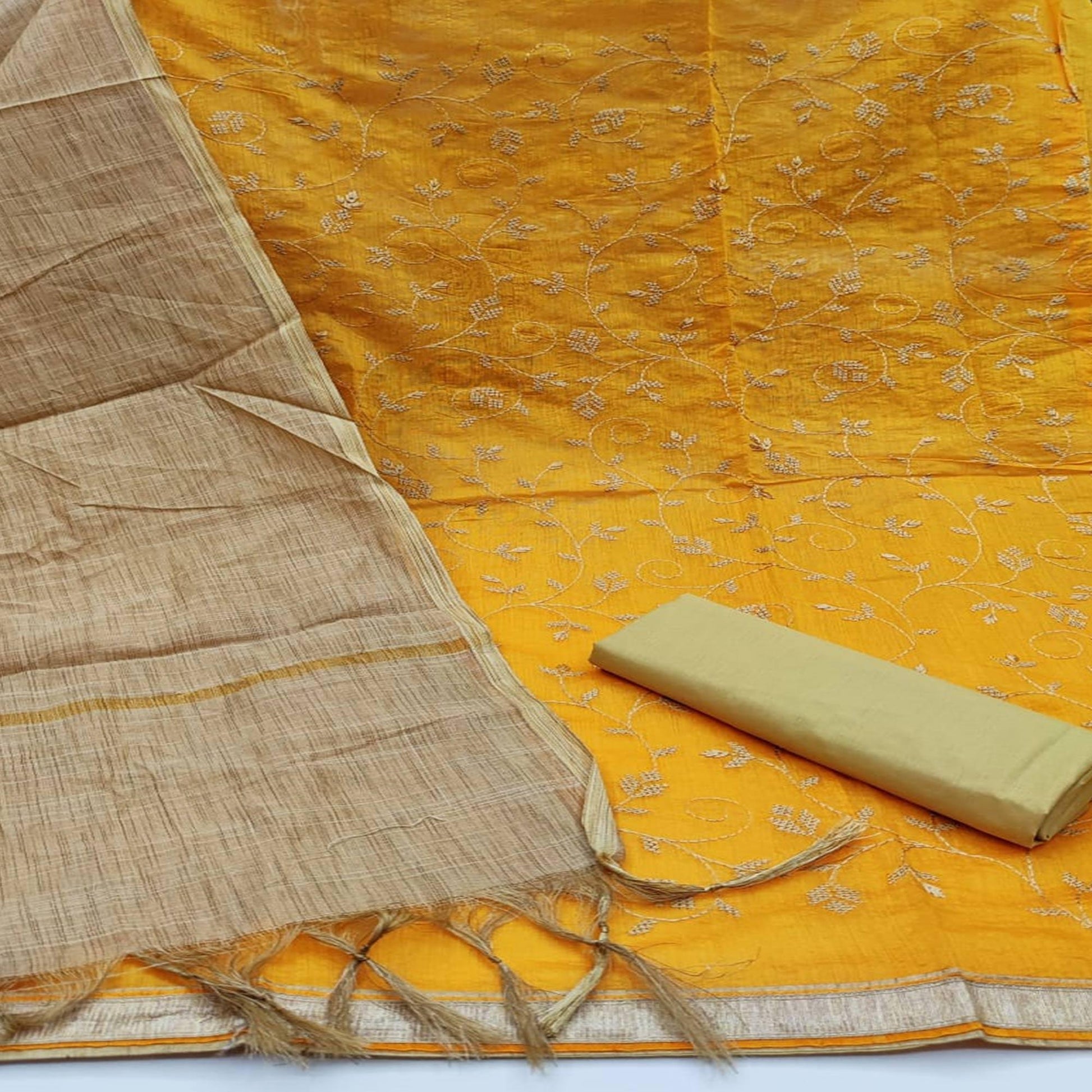 Fantastic Mustard Yellow Colored Casual Wear Embroidered Chanderi Dress Material