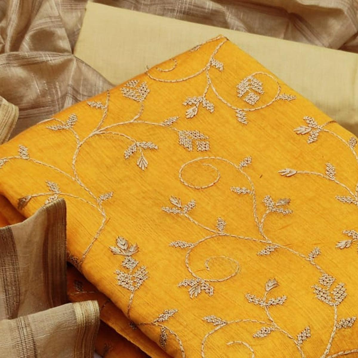 Fantastic Mustard Yellow Colored Casual Wear Embroidered Chanderi Dress Material