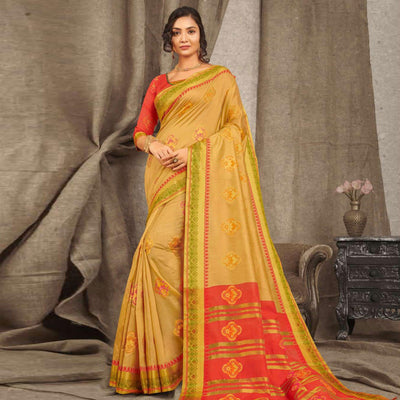 Fantastic Mustard Yellow Colored Festive Wear Woven Cotton Handloom Saree