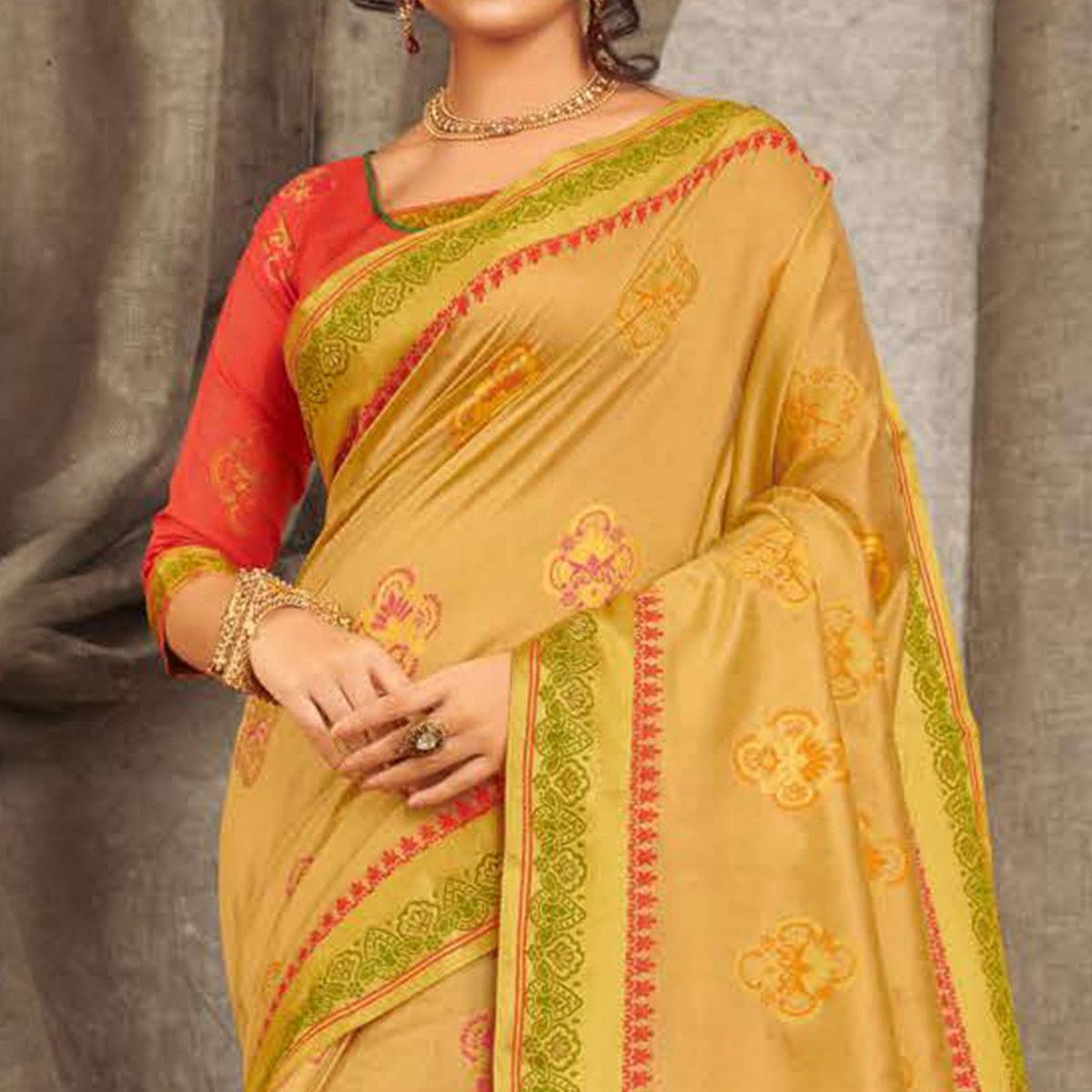 Fantastic Mustard Yellow Colored Festive Wear Woven Cotton Handloom Saree