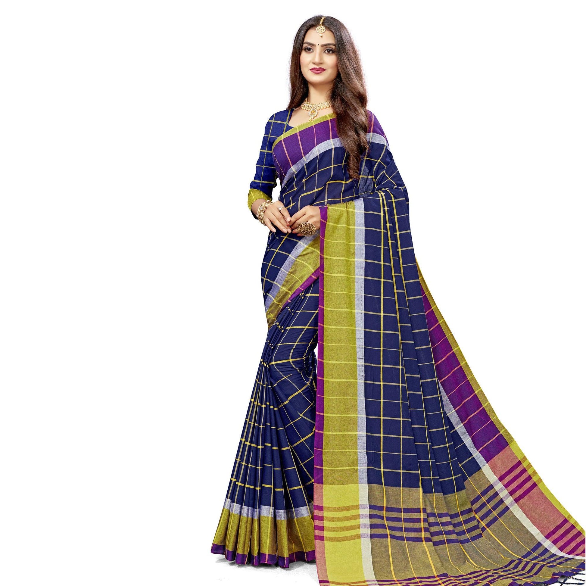 Fantastic Navy Blue Colored Festive Wear Stripe Printed Cotton Silk Saree With Tassels