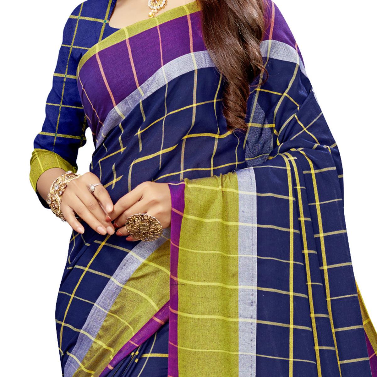 Fantastic Navy Blue Colored Festive Wear Stripe Printed Cotton Silk Saree With Tassels