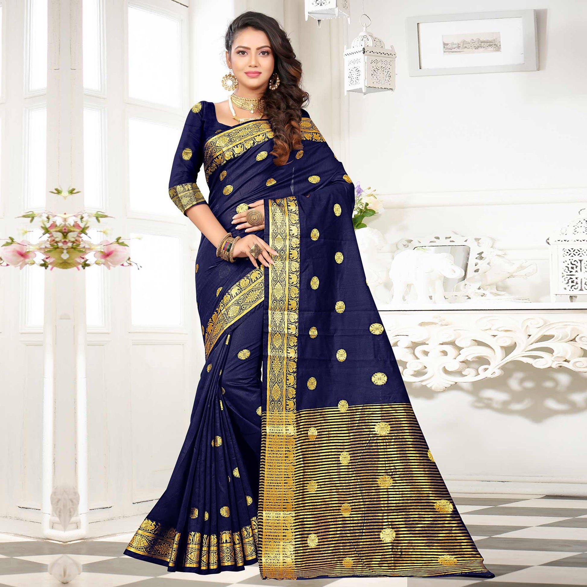 Fantastic Navy Blue Colored Festive Wear Woven Cotton Silk Saree