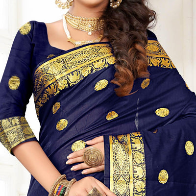 Fantastic Navy Blue Colored Festive Wear Woven Cotton Silk Saree