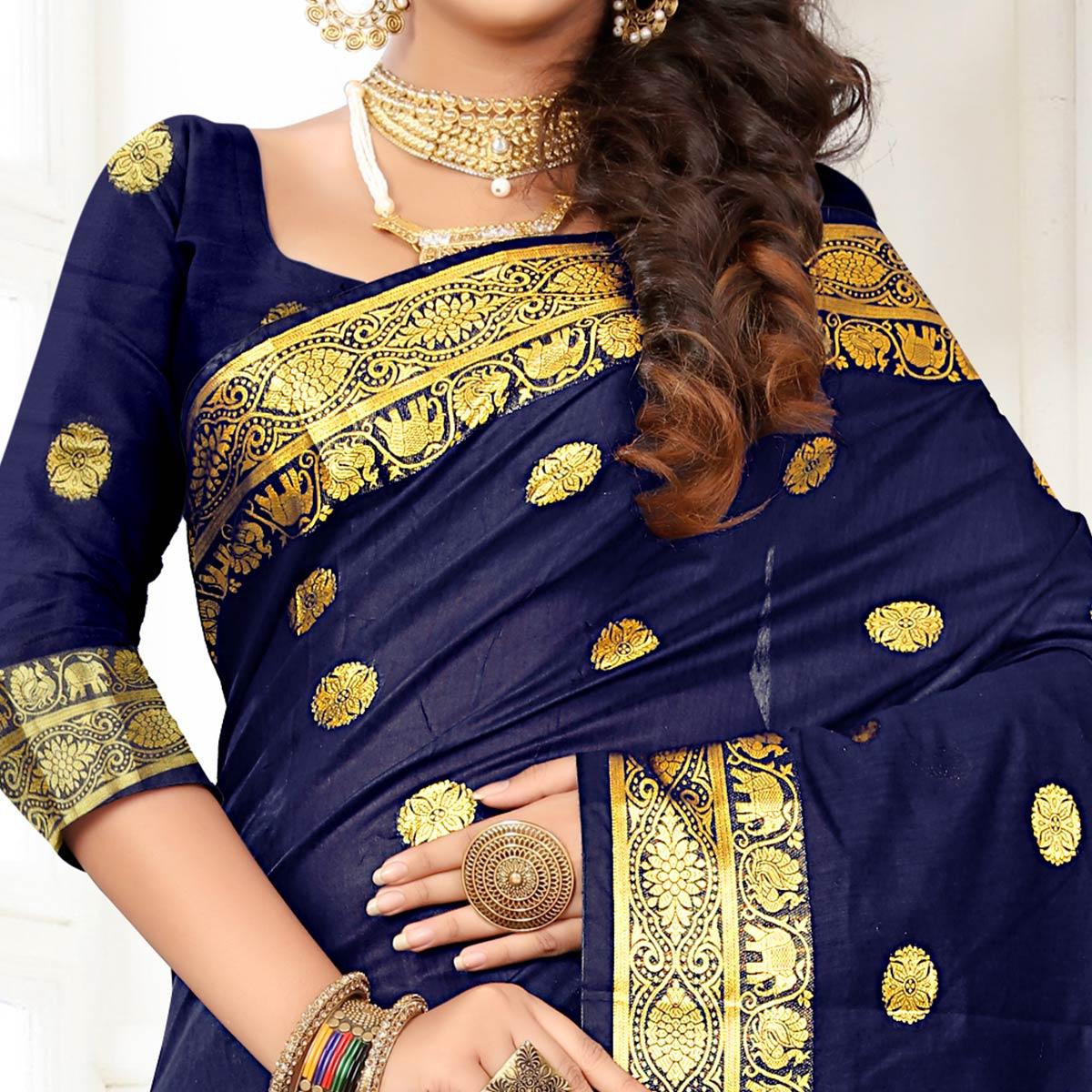Fantastic Navy Blue Colored Festive Wear Woven Cotton Silk Saree