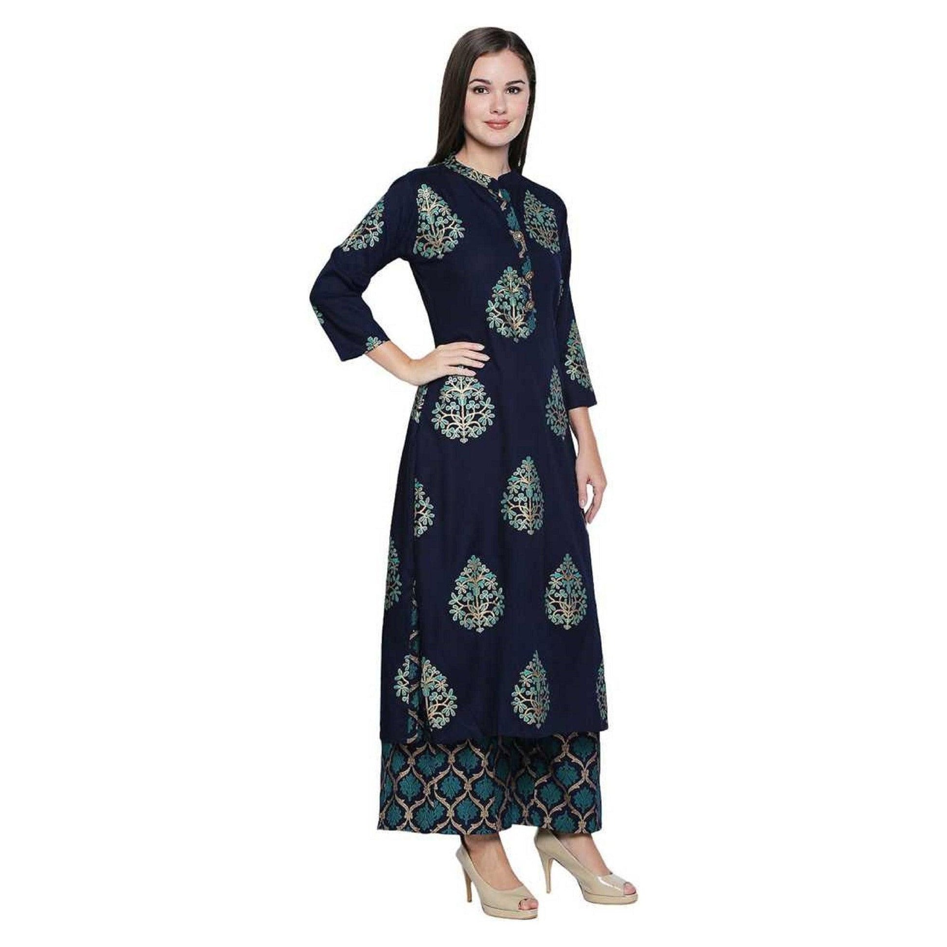 Fantastic Navy Blue Colored Party Wear Foil Printed Cotton Kurti-Palazzo Set