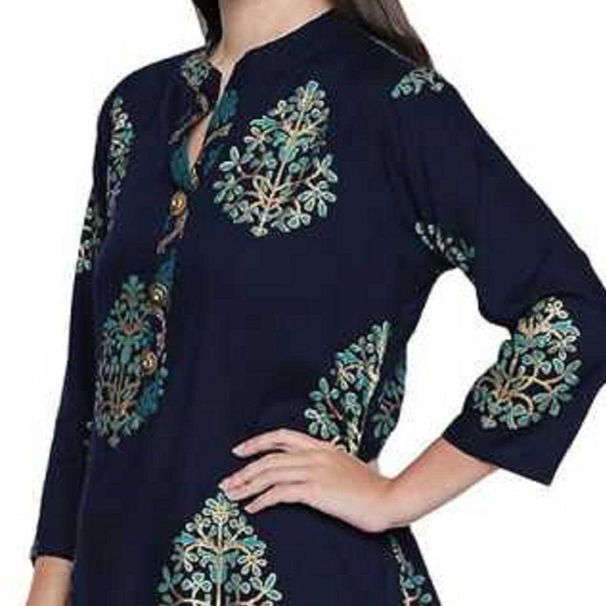 Fantastic Navy Blue Colored Party Wear Foil Printed Cotton Kurti-Palazzo Set