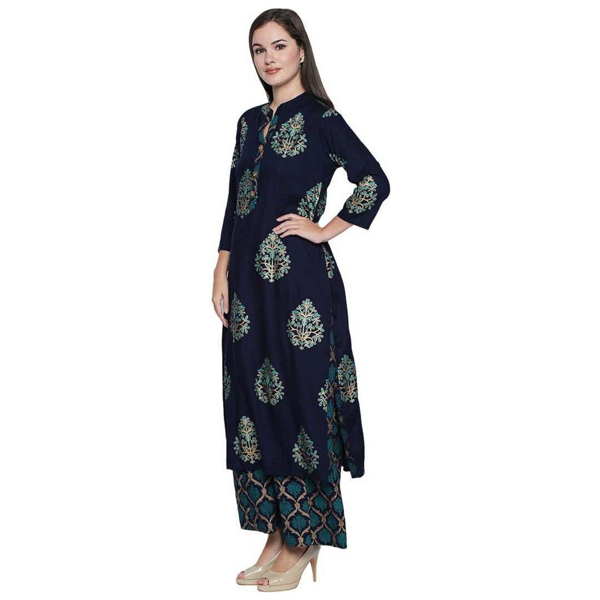 Fantastic Navy Blue Colored Party Wear Foil Printed Cotton Kurti-Palazzo Set