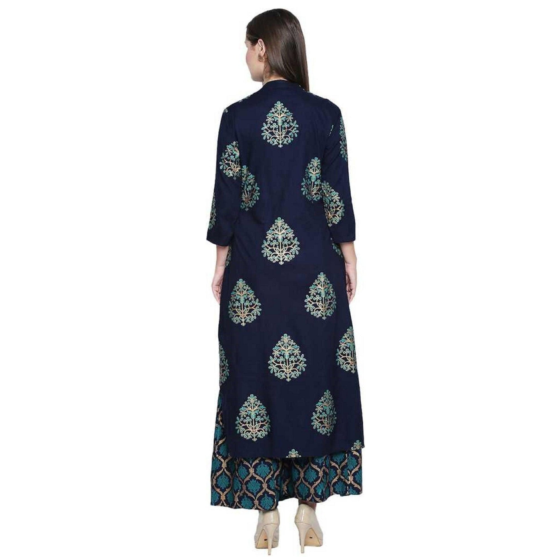 Fantastic Navy Blue Colored Party Wear Foil Printed Cotton Kurti-Palazzo Set