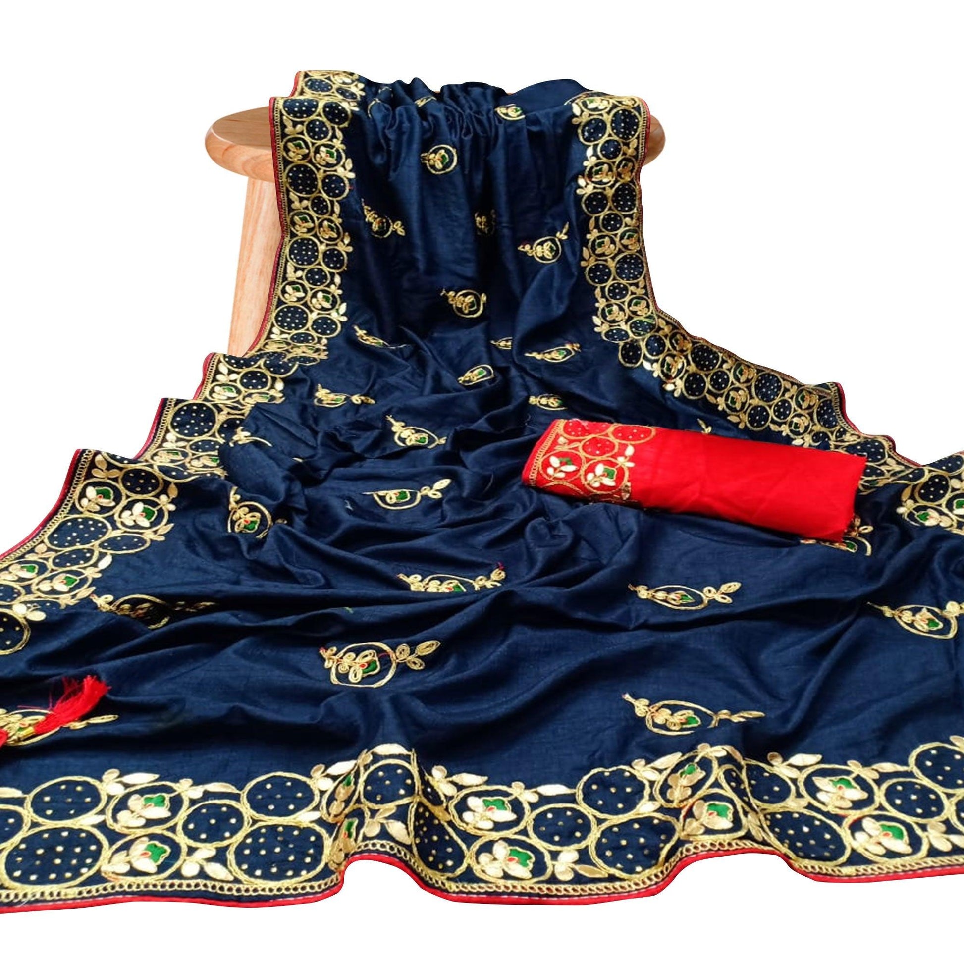 Fantastic Navy Blue Colored Partywear Embroidered Silk Saree