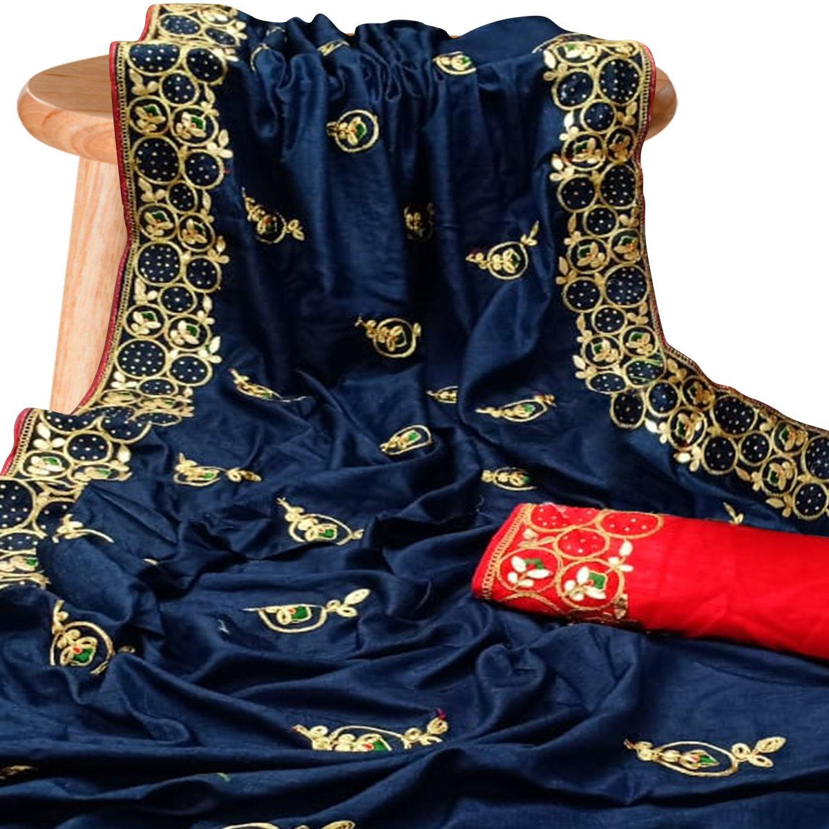 Fantastic Navy Blue Colored Partywear Embroidered Silk Saree