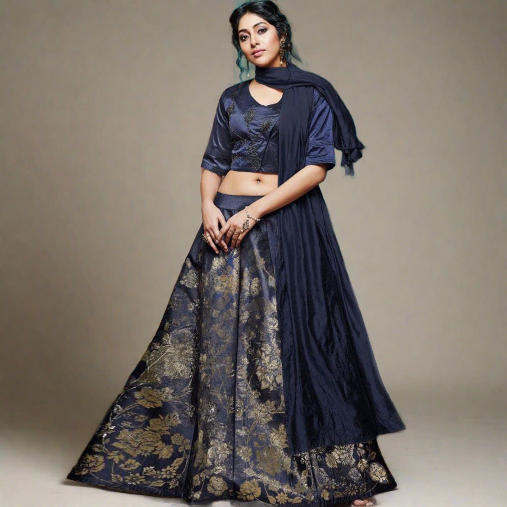 Fantastic Navy Blue Colored Partywear Embroidery Banarasi Silk Lehenga Choli