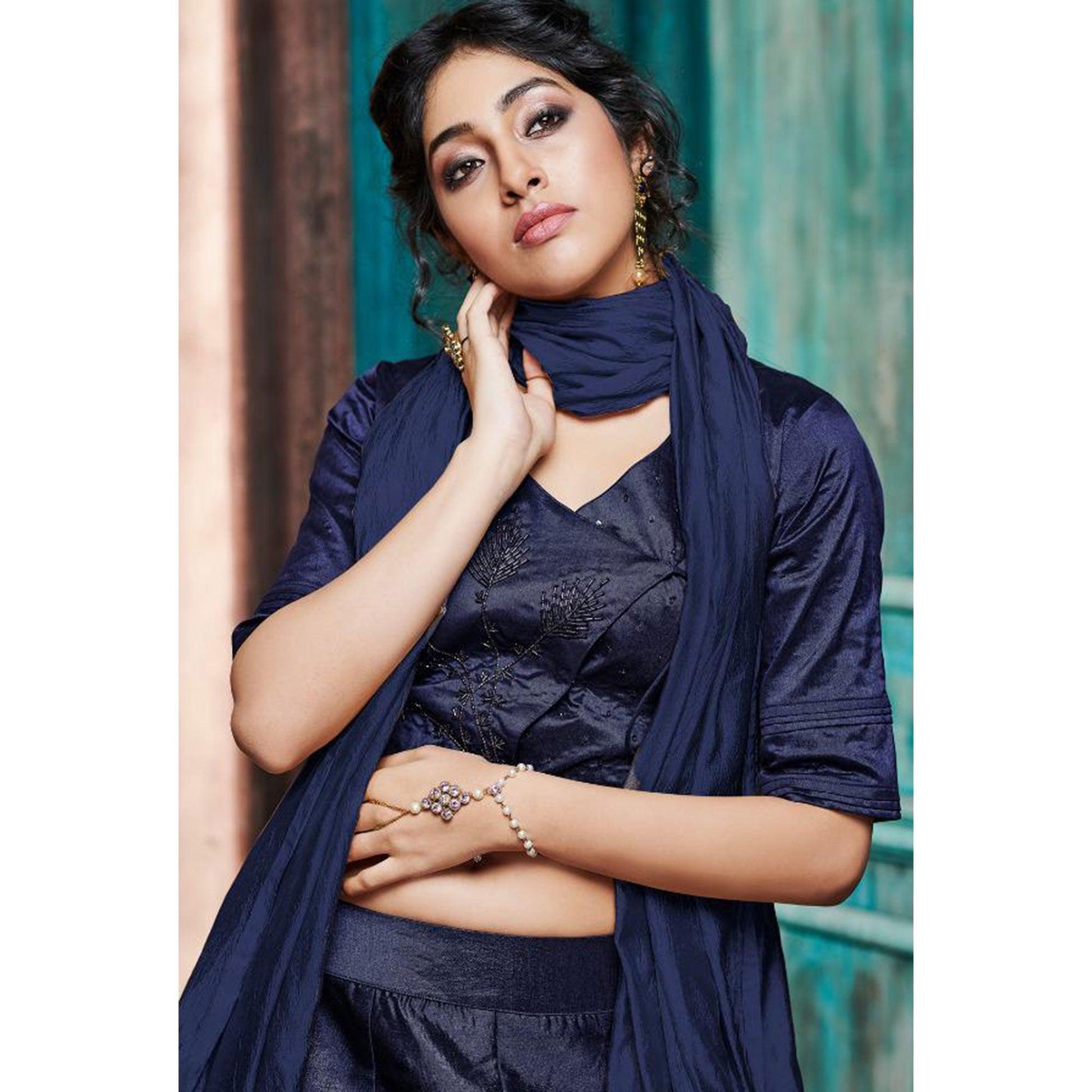 Fantastic Navy Blue Colored Partywear Embroidery Banarasi Silk Lehenga Choli