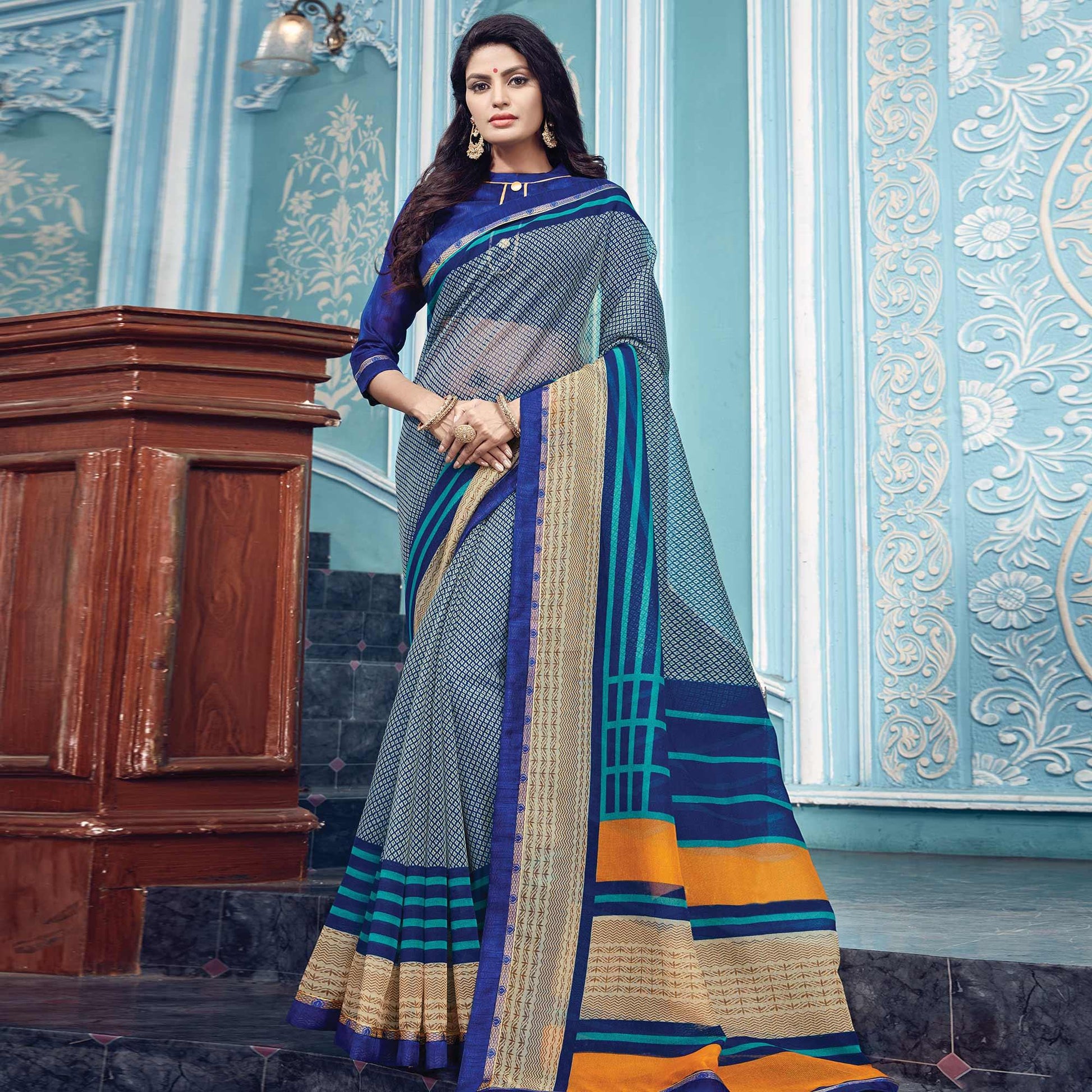 Fantastic Navy Blue Colored Partywear Printed Silk Saree