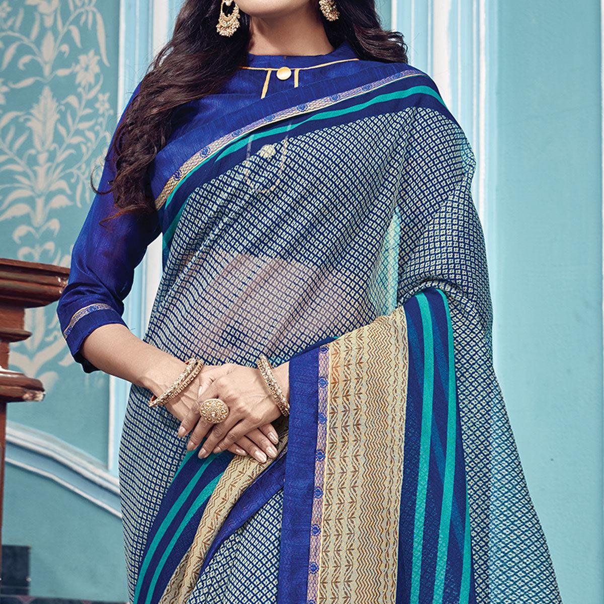 Fantastic Navy Blue Colored Partywear Printed Silk Saree