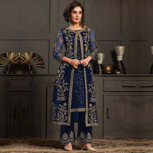 Fantastic Navy Blue Coloured Party Wear Floral Embroidered Butterfly Net Pakistani Straight Suit