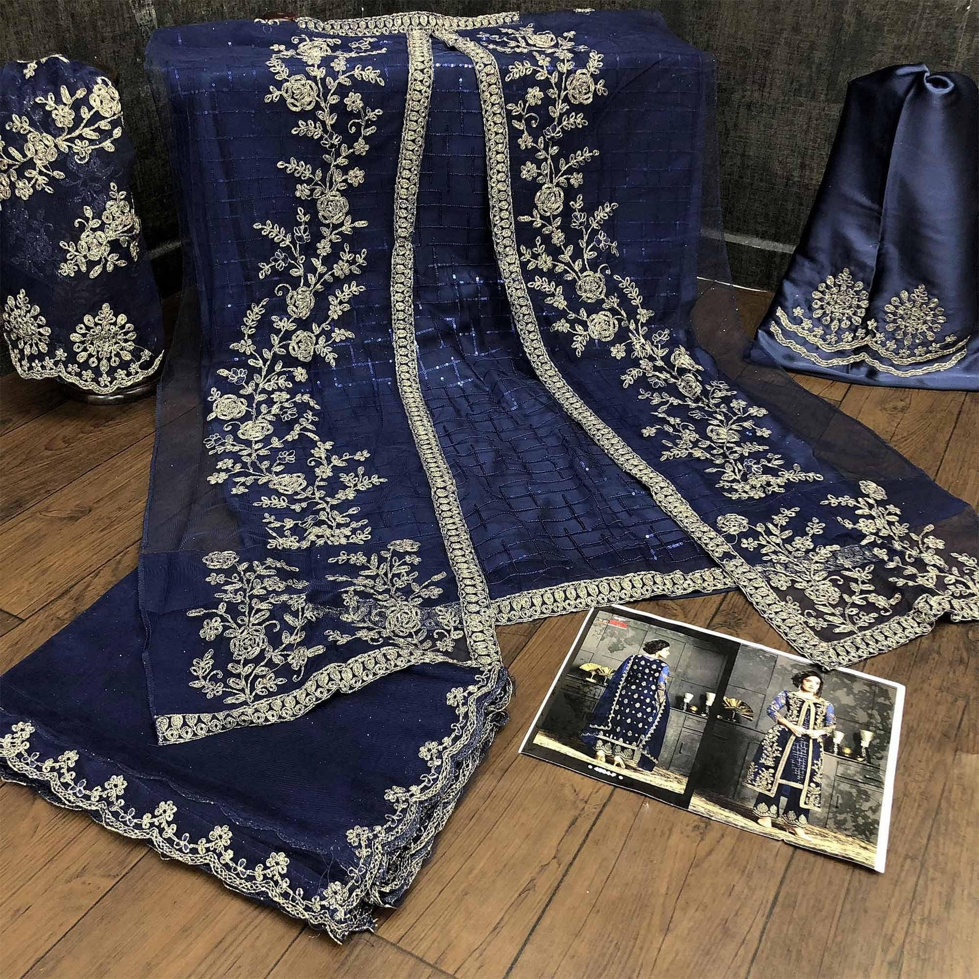 Fantastic Navy Blue Coloured Party Wear Floral Embroidered Butterfly Net Pakistani Straight Suit
