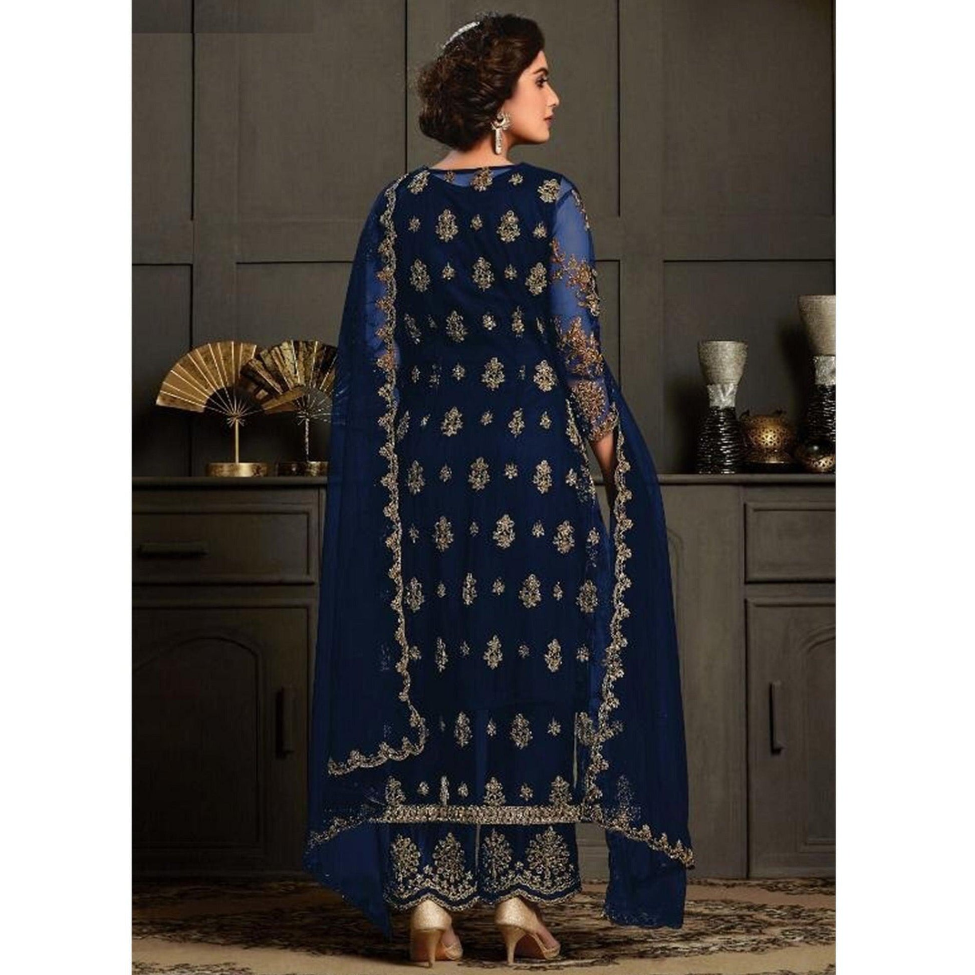 Fantastic Navy Blue Coloured Party Wear Floral Embroidered Butterfly Net Pakistani Straight Suit