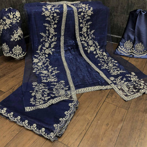 Fantastic Navy Blue Coloured Party Wear Floral Embroidered Butterfly Net Pakistani Straight Suit