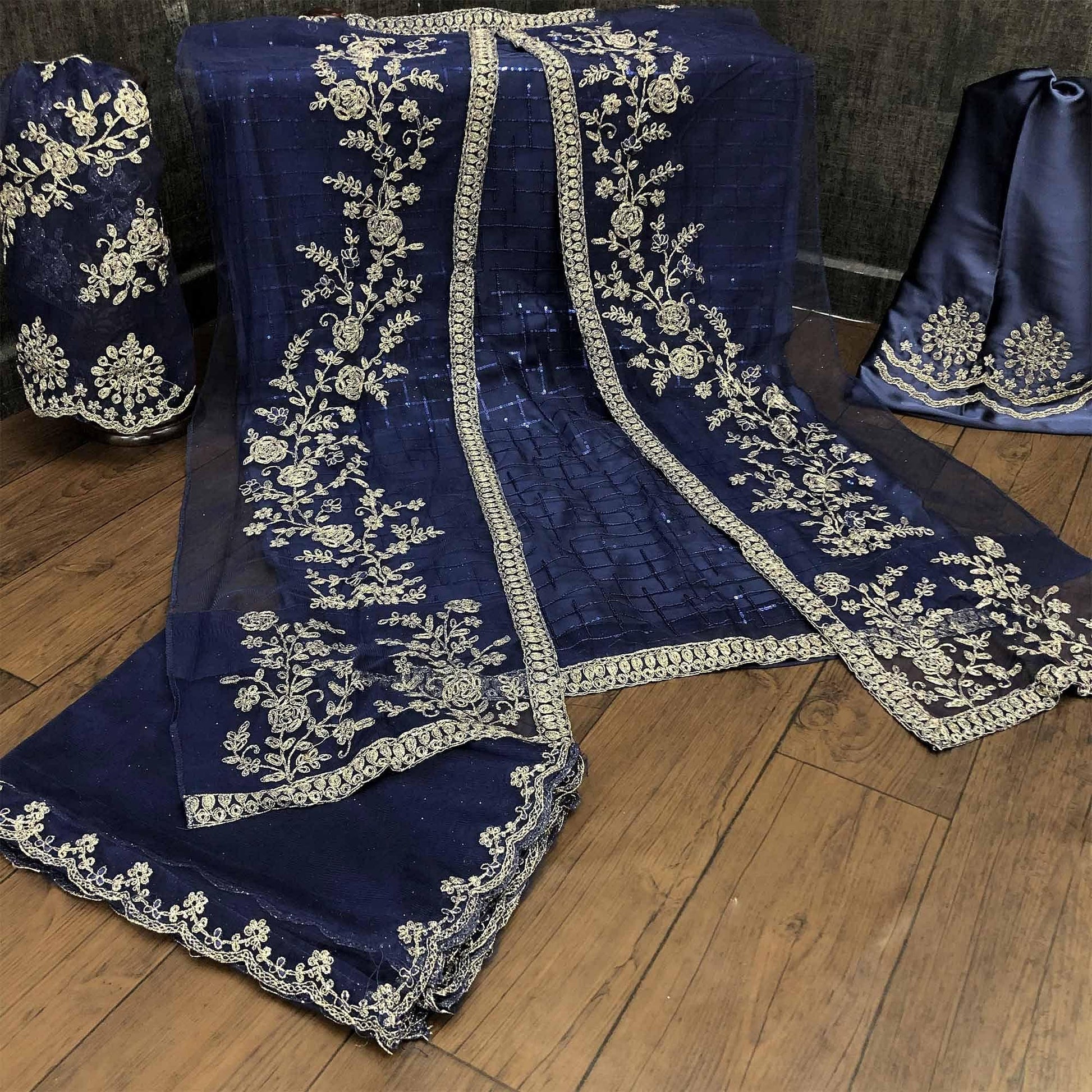 Fantastic Navy Blue Coloured Party Wear Floral Embroidered Butterfly Net Pakistani Straight Suit