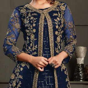 Fantastic Navy Blue Coloured Party Wear Floral Embroidered Butterfly Net Pakistani Straight Suit