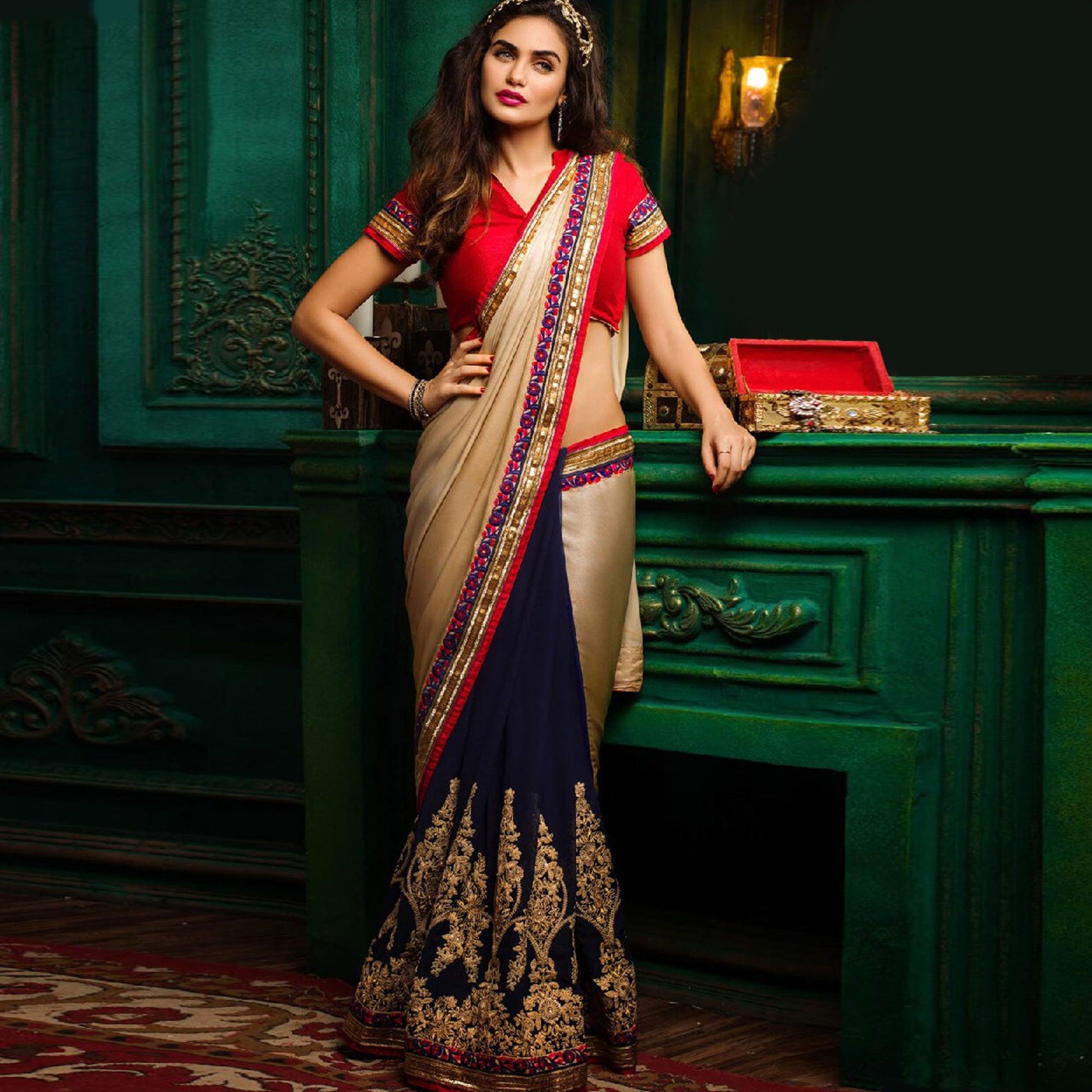 Fantastic Navy Blue-Golden Colored Party Wear Embroidered Chiffon & Art Silk Saree