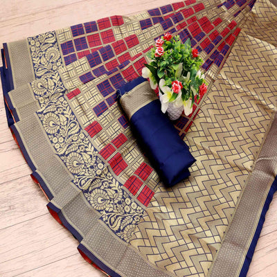Fantastic Navy Blue - Red Colored Festive Wear Woven Art Silk Saree