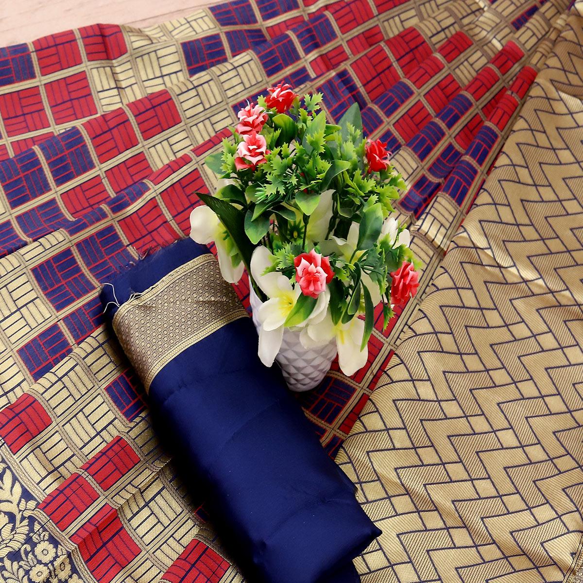 Fantastic Navy Blue - Red Colored Festive Wear Woven Art Silk Saree